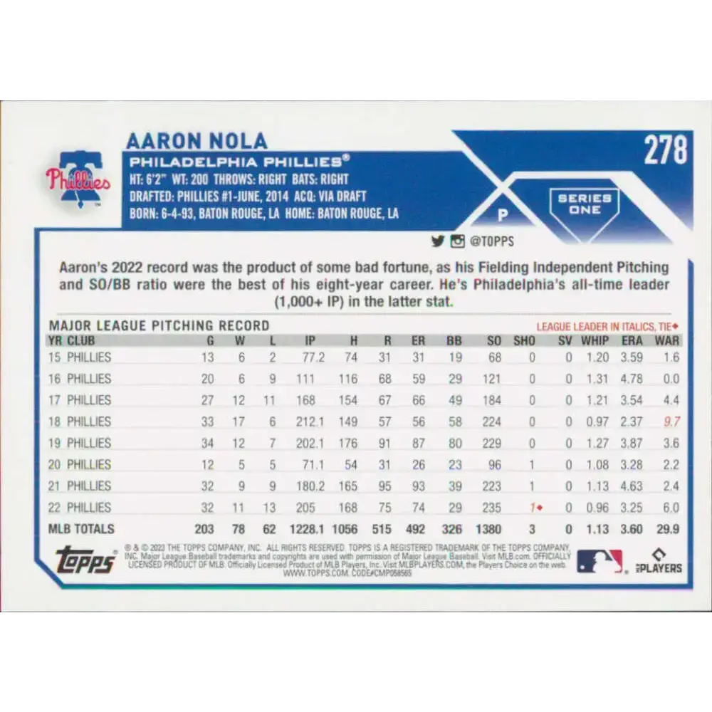 2023 Topps #278 Aaron Nola NM-MT Philadelphia Phillies Baseball Card - Baseball Card Single
