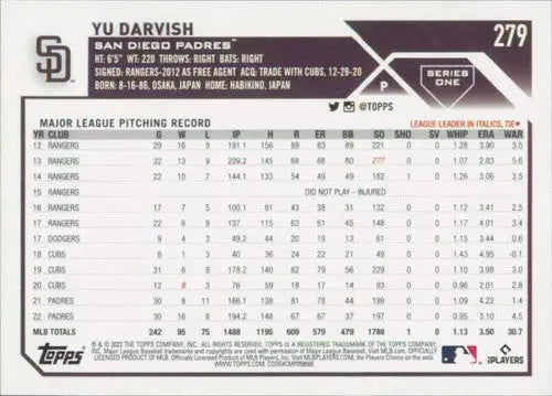 2023 Topps #279 Yu Darvish NM-MT Padres ID:52642 - Baseball Card Single