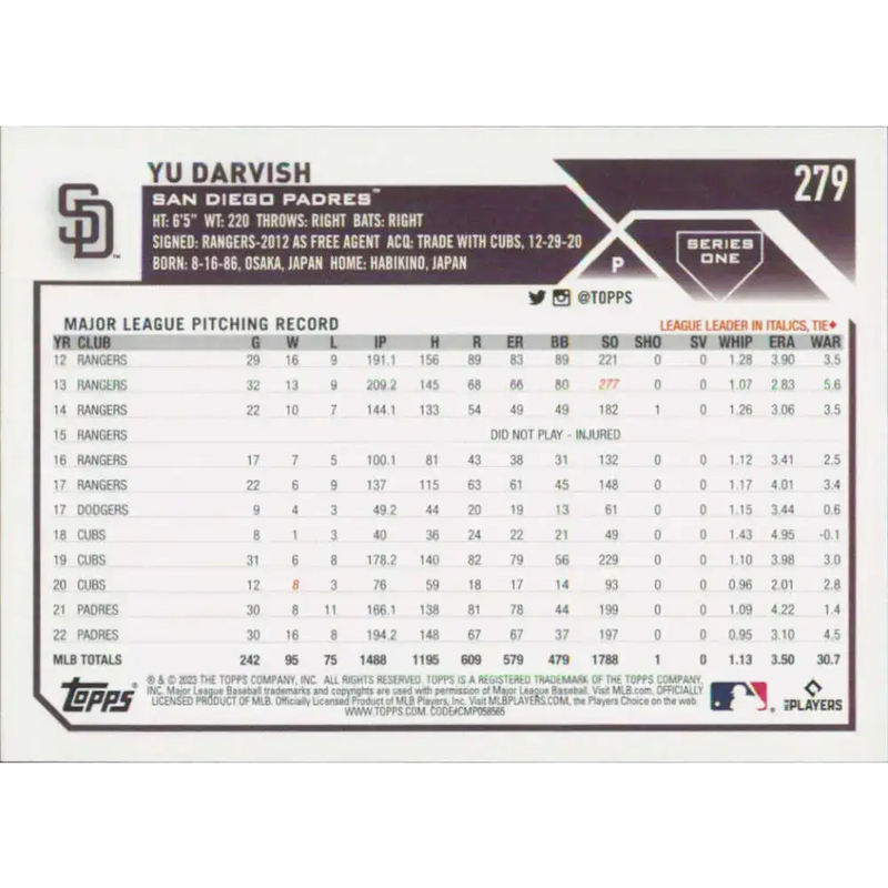 2023 Topps #279 Yu Darvish NM-MT San Diego Padres Baseball Card - Baseball Card Single