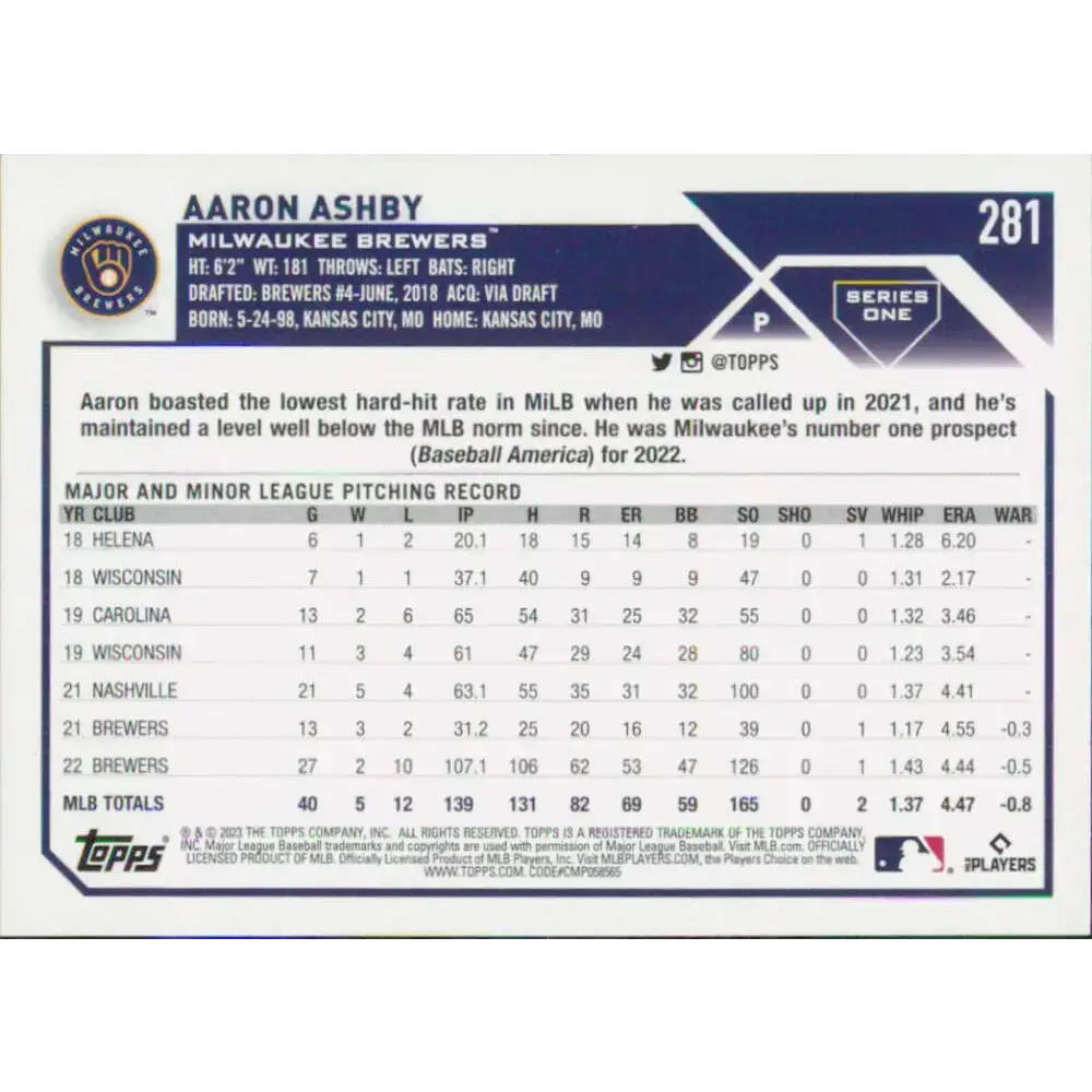 2023 Topps #281 Aaron Ashby NM-MT Milwaukee Brewers Baseball Card - Baseball Card Single