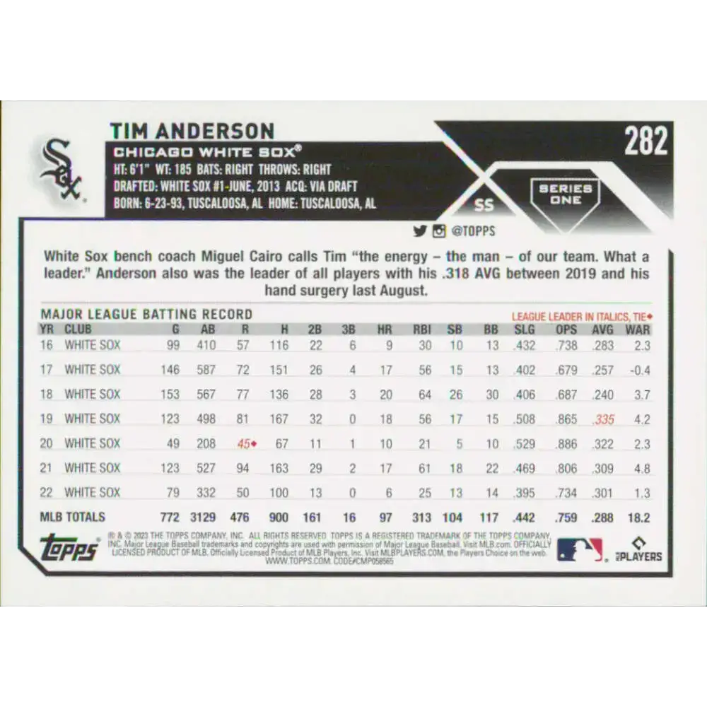 2023 Topps #282 Tim Anderson NM-MT Chicago White Sox Baseball Card - Baseball Card Single