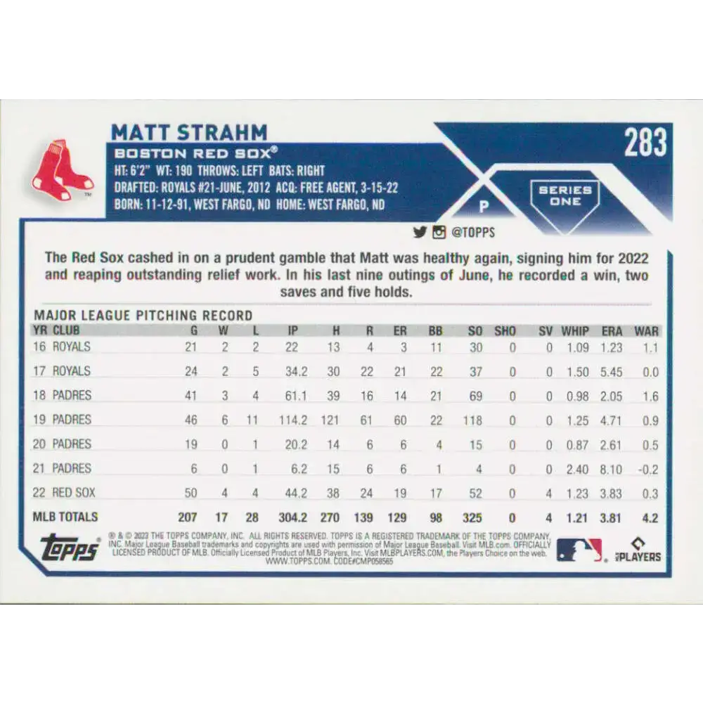 2023 Topps #283 Matt Strahm NM-MT Boston Red Sox Baseball Card - Baseball Card Single