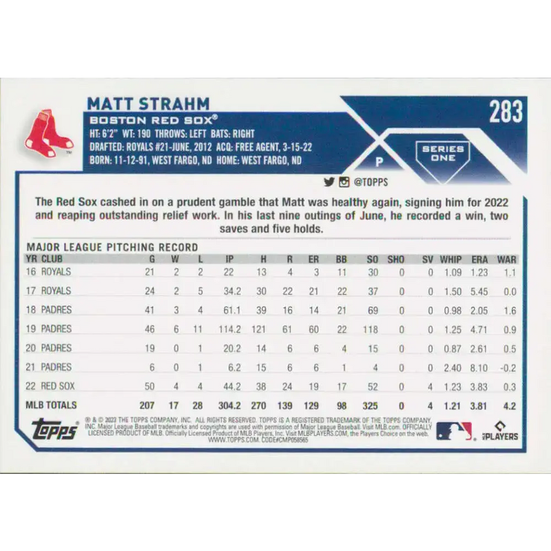 2023 Topps #283 Matt Strahm NM-MT Boston Red Sox Baseball Card - Baseball Card Single