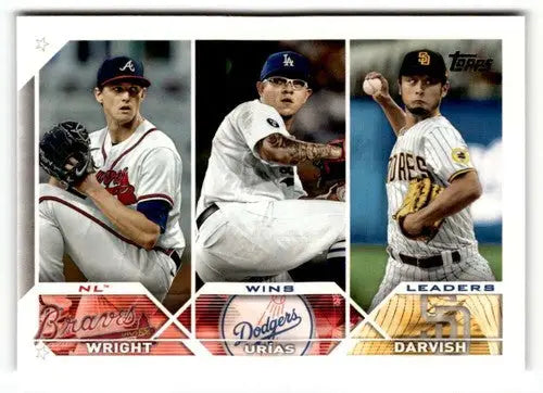 2023 Topps #284 NL Wins Leaders (Kyle Wright / Julio Urias / Yu Darvi ID:50709 - Baseball Card Single