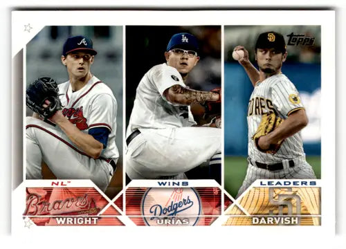 Baseball card featuring Julio Urias, Kyle Wright, and Yu Darvish with original gloss