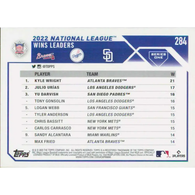 2023 Topps #284 Yu Darvish/Julio Urias/Kyle Wright NM-MT Baseball Card - Baseball Card Single