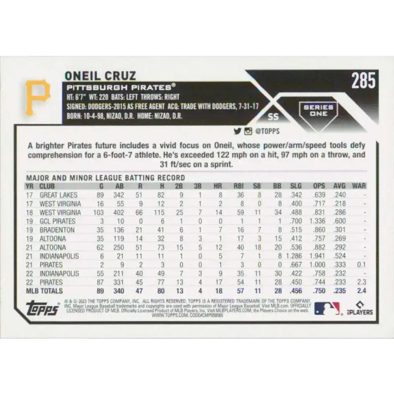 2023 Topps #285 Oneil Cruz NM-MT Pittsburgh Pirates Baseball Card - Baseball Card Single