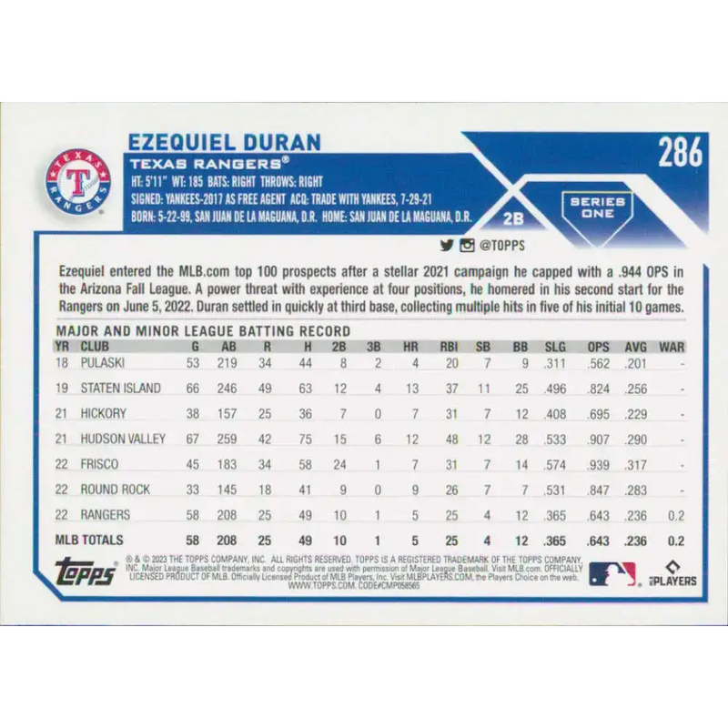 2023 Topps #286 Ezequiel Duran NM-MT RC Rookie Texas Rangers Baseball Card - Baseball Card Single