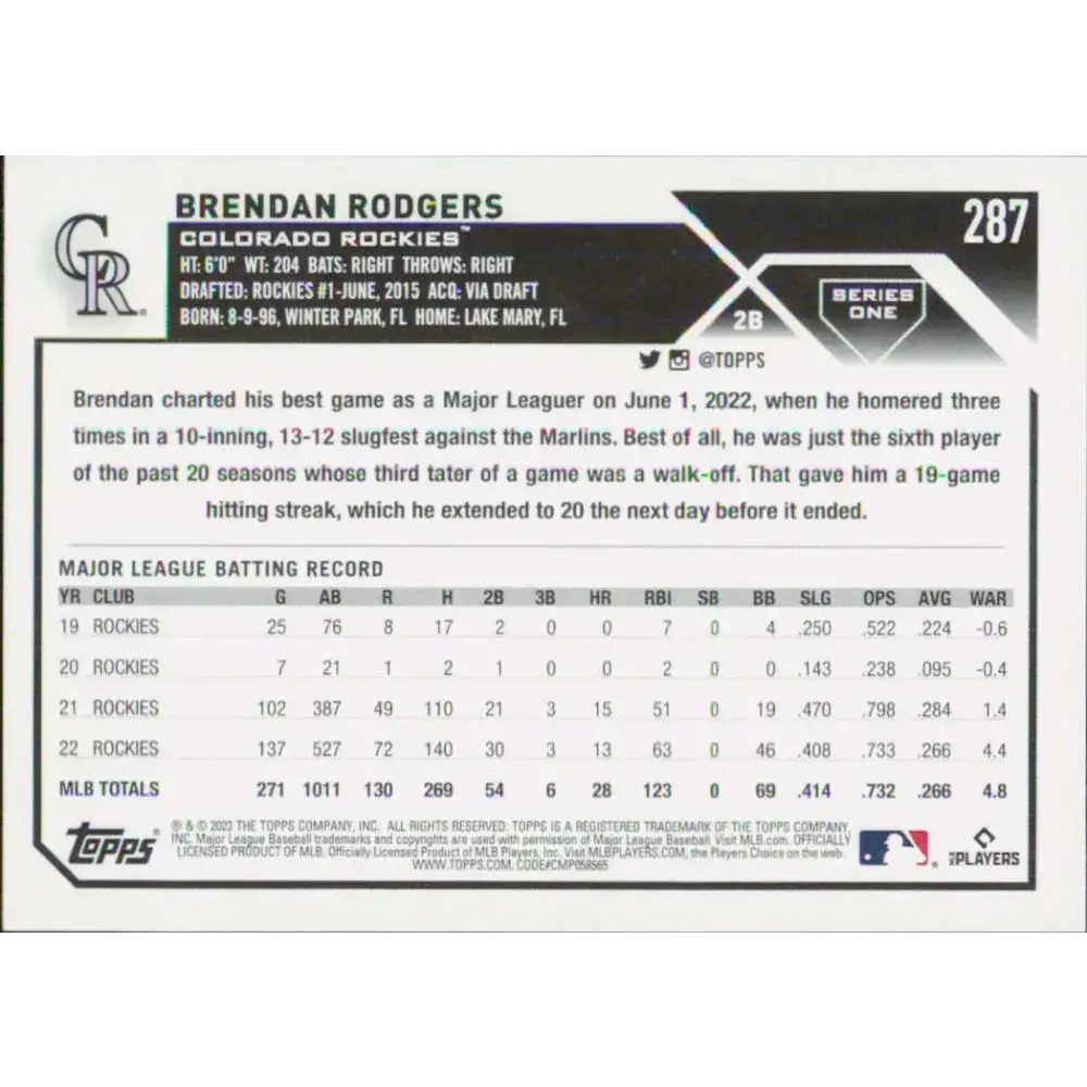 2023 Topps #287 Brendan Rodgers NM-MT Colorado Rockies Baseball Card - Baseball Card Single