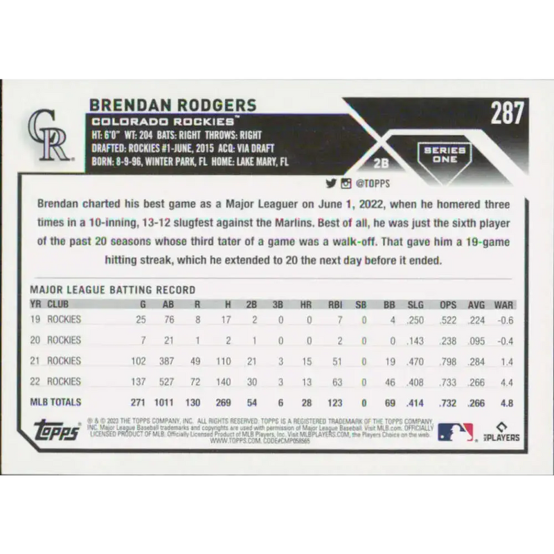 2023 Topps #287 Brendan Rodgers NM-MT Colorado Rockies Baseball Card - Baseball Card Single