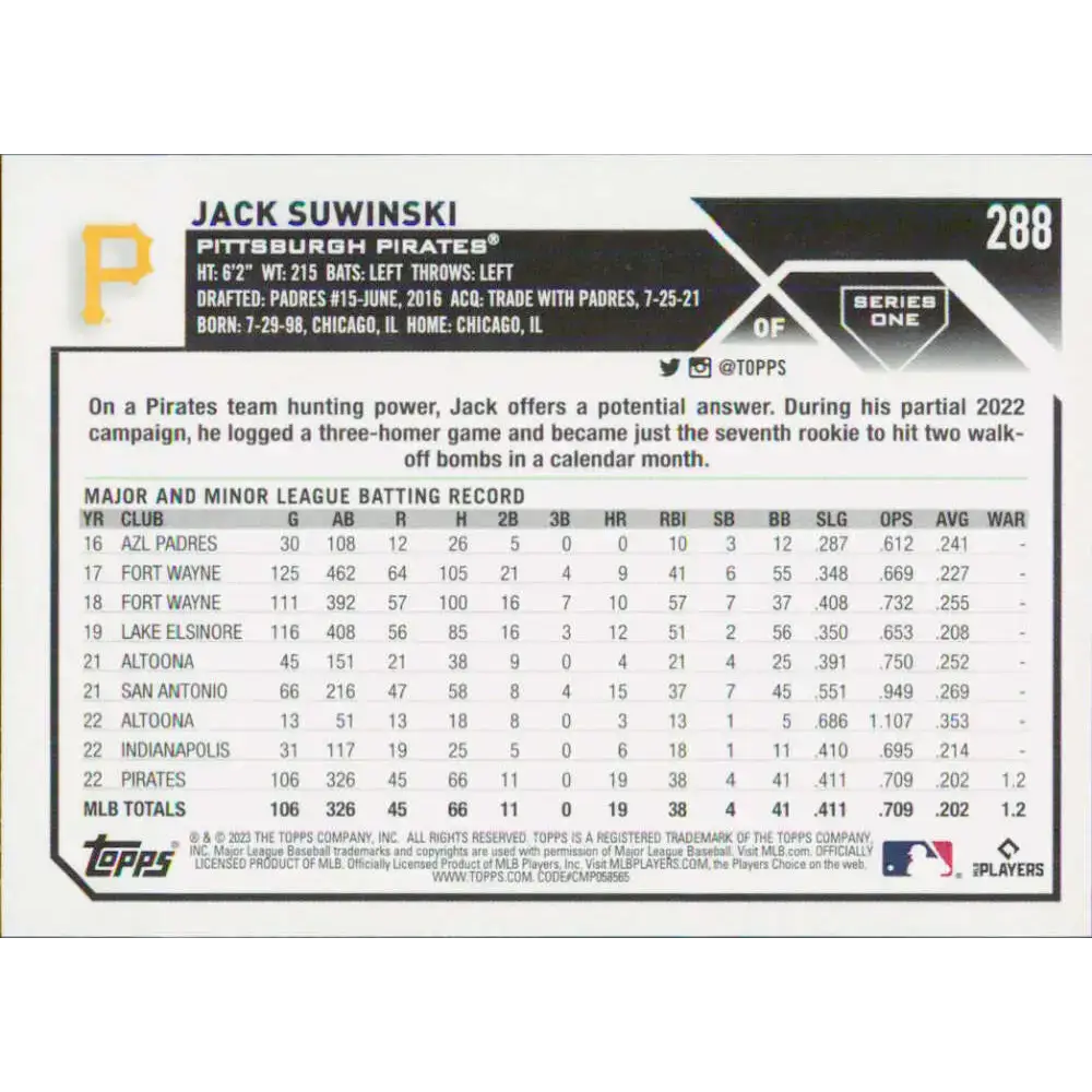 2023 Topps #288 Jack Suwinski NM-MT Pittsburgh Pirates Baseball Card - Baseball Card Single