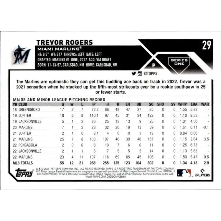 2023 Topps #29 Trevor Rogers NM-MT Miami Marlins Baseball Card - Baseball Card Single