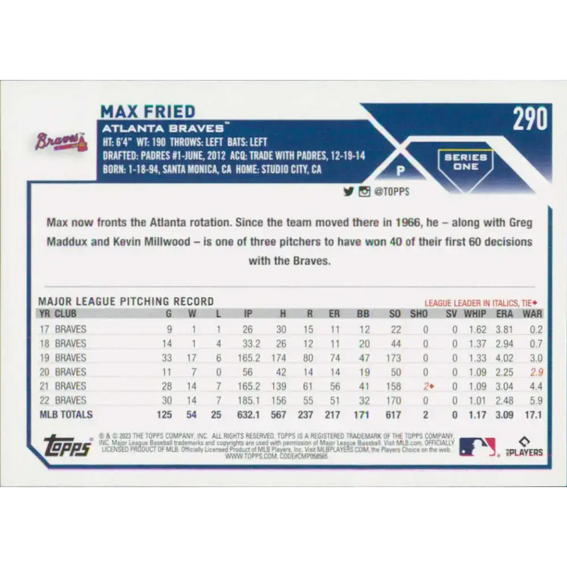 2023 Topps #290 Max Fried NM-MT Atlanta Braves Baseball Card - Baseball Card Single