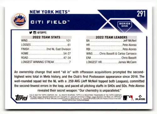 2023 Topps #291 New York Mets NM-MT ID:49597 - Baseball Card Single