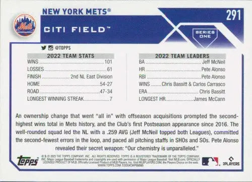2023 Topps #291 New York Mets NM-MT ID:57960 - Baseball Card Single