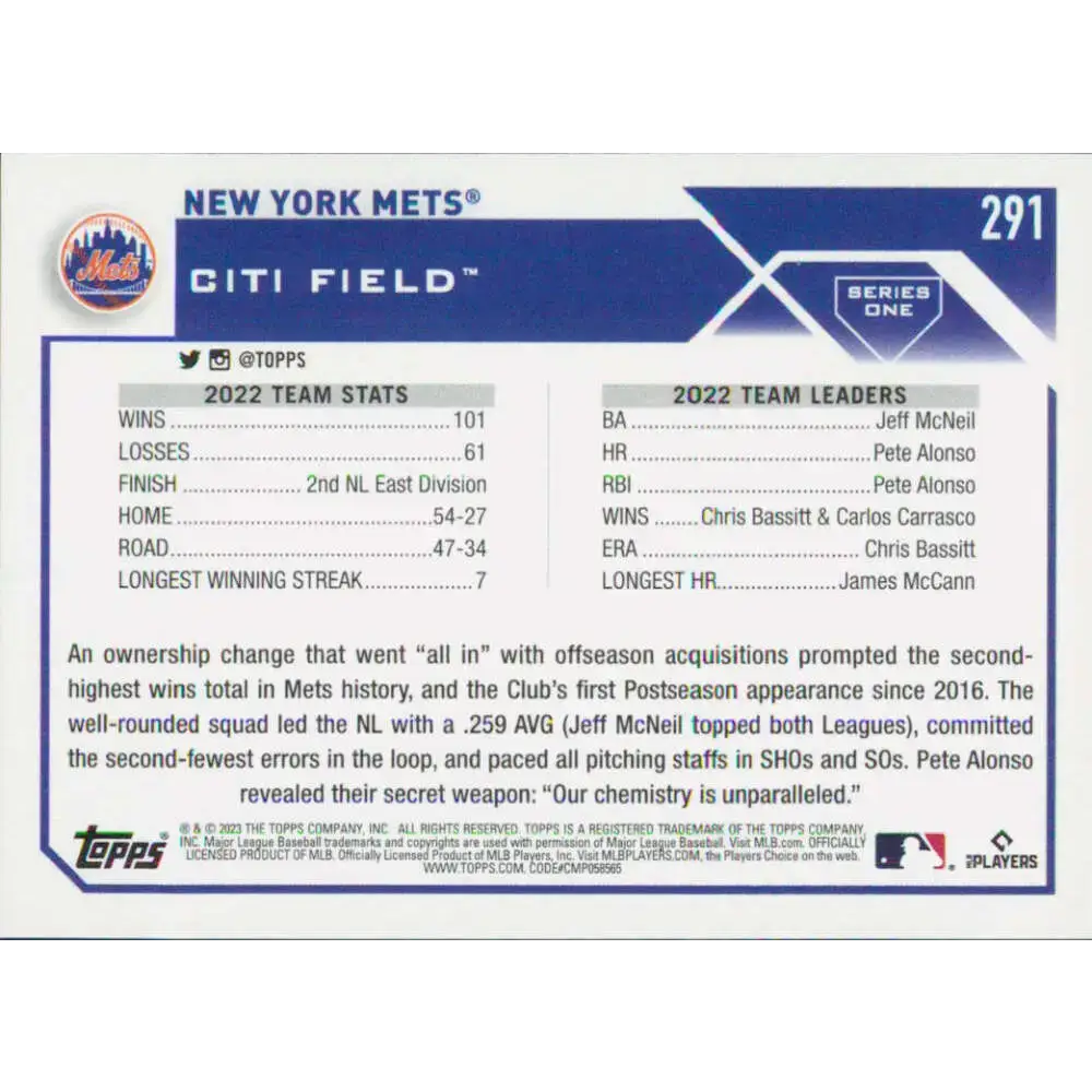 2023 Topps #291 New York Mets NM-MT Team Card Baseball Card - Baseball Card Single