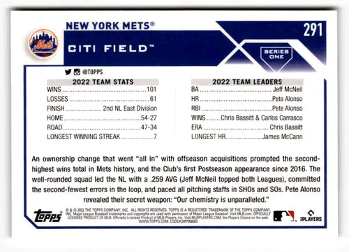 2023 Topps #291 New York Mets baseball card back with original gloss featuring Simply Sandoval
