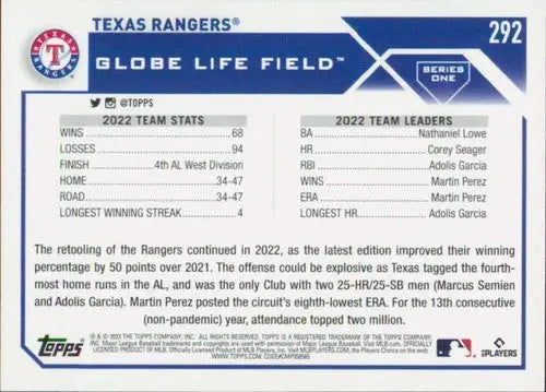 2023 Topps #292 Texas Rangers NM-MT ID:58951 - Baseball Card Single