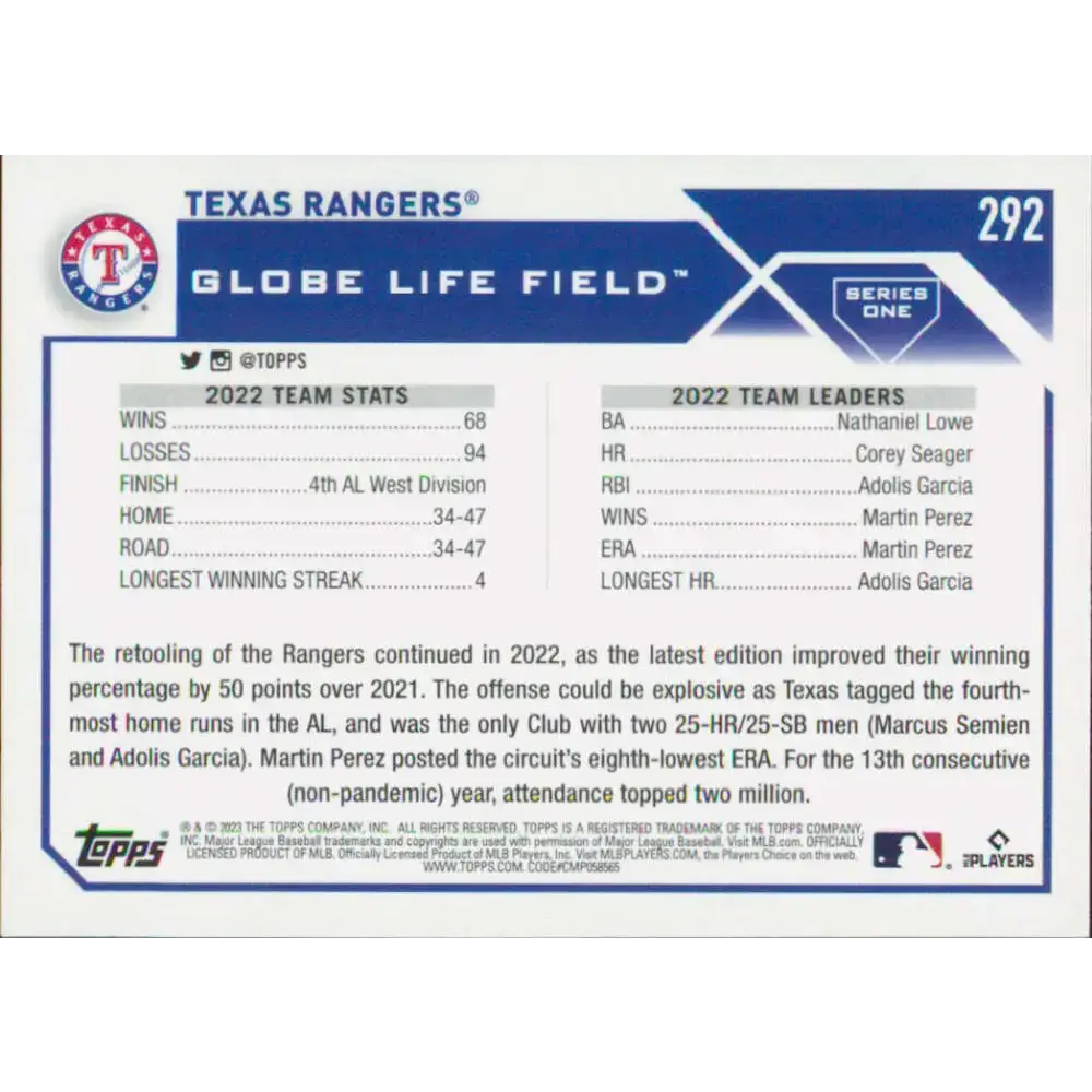 2023 Topps #292 Texas Rangers NM-MT Team Card Baseball Card - Baseball Card Single