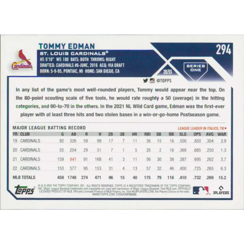 2023 Topps #294 Tommy Edman NM-MT St. Louis Cardinals Baseball Card - Baseball Card Single