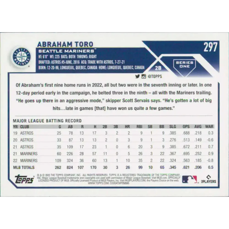 2023 Topps #297 Abraham Toro NM-MT Seattle Mariners Baseball Card - Baseball Card Single