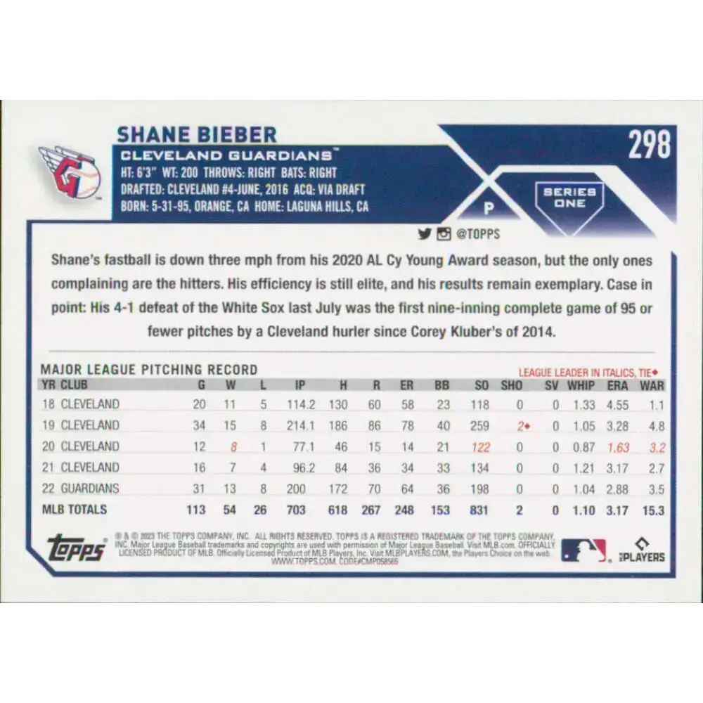 2023 Topps #298 Shane Bieber NM-MT Cleveland Guardians Baseball Card - Baseball Card Single