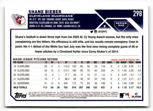 2023 Topps #298 Shane Bieber NM Near Mint Guardians ID:49527 - Baseball Card Single