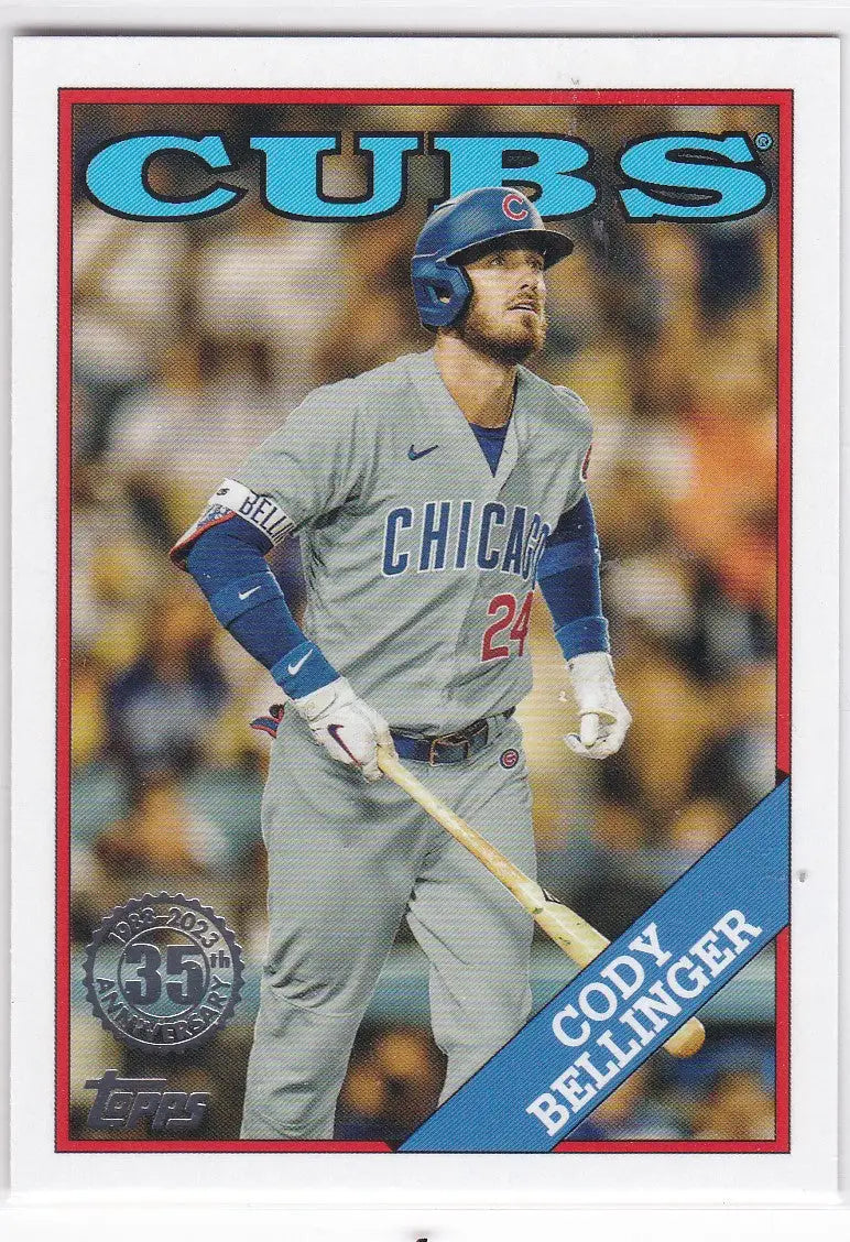 Cody Bellinger 35th Anniversary card featuring Cubs player in gray uniform with bat