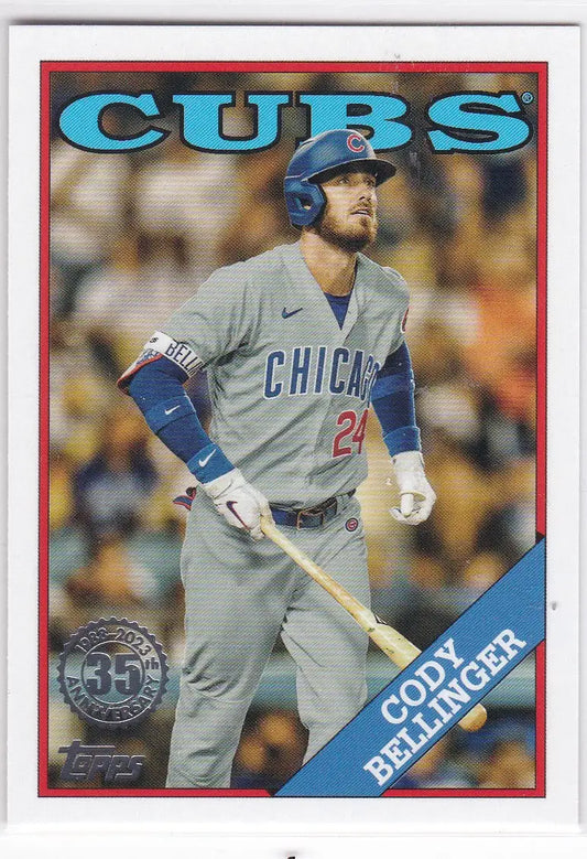 Cody Bellinger 35th Anniversary card featuring Cubs player in gray uniform with bat