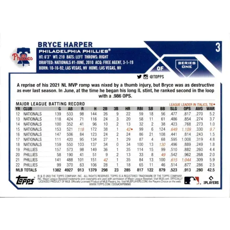 2023 Topps #3 Bryce Harper NM-MT Philadelphia Phillies Baseball Card - Baseball Card Single