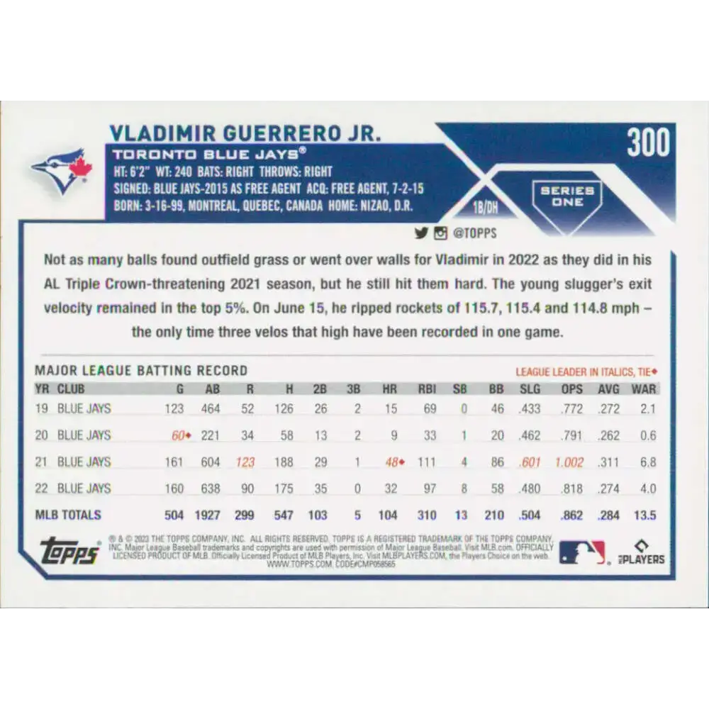 2023 Topps #300 Vladimir Guerrero Jr. NM-MT Toronto Blue Jays Baseball Card - Baseball Card Single