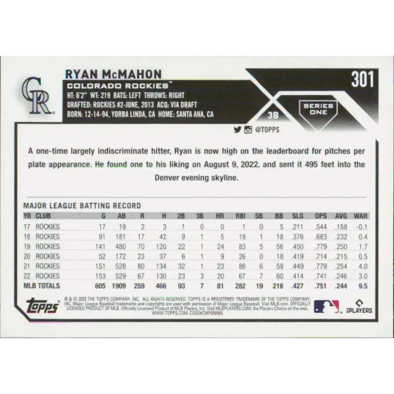 2023 Topps #301 Ryan McMahon NM-MT Colorado Rockies Baseball Card - Baseball Card Single