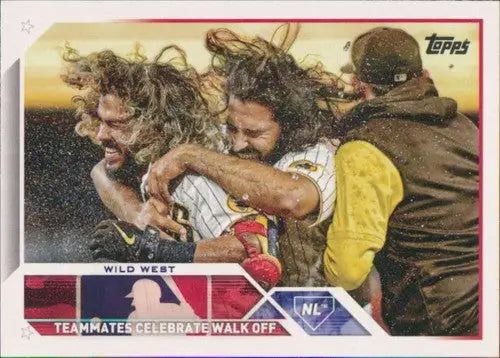 Baseball card of Jorge Alfaro with original gloss showing three players celebrating a walk-off win