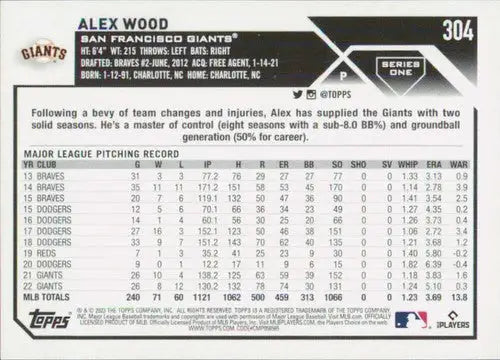 2023 Topps #304 Alex Wood NM-MT Giants ID:58959 - Baseball Card Single