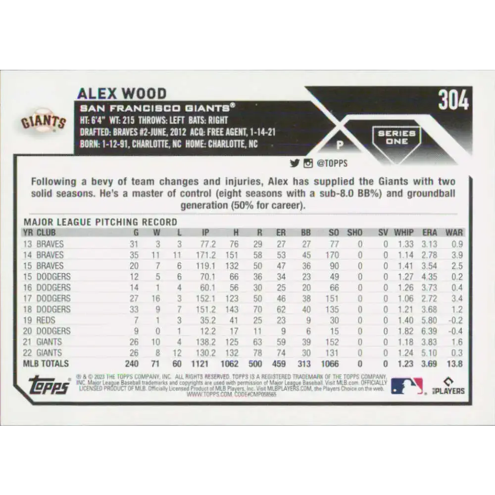 2023 Topps #304 Alex Wood NM-MT San Francisco Giants Baseball Card - Baseball Card Single