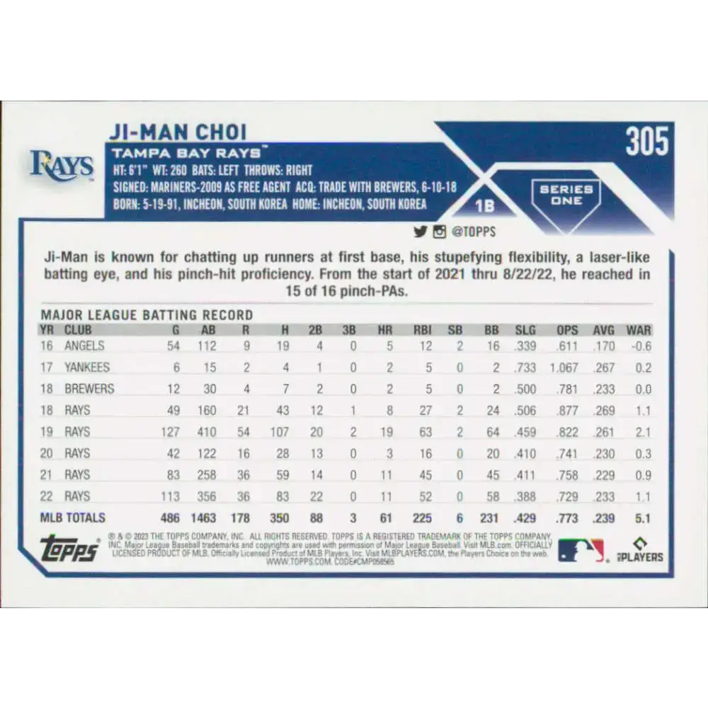 2023 Topps #305 Ji-Man Choi NM-MT Tampa Bay Rays Baseball Card - Baseball Card Single