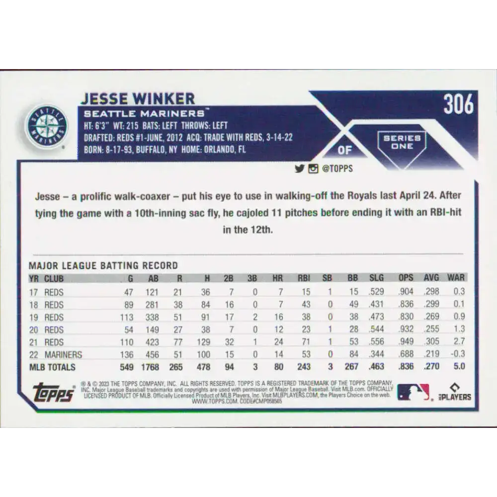 2023 Topps #306 Jesse Winker NM-MT Seattle Mariners Baseball Card - Baseball Card Single