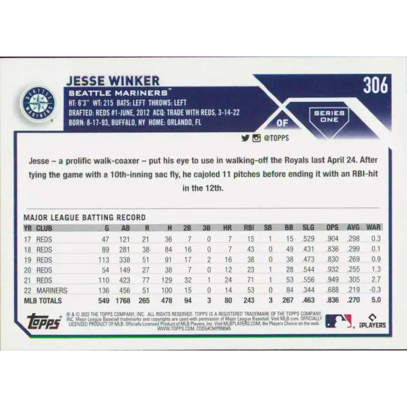 2023 Topps #306 Jesse Winker NM-MT Seattle Mariners Baseball Card - Baseball Card Single