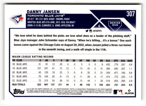 2023 Topps #307 Danny Jansen NM-MT Blue Jays ID:49529 - Baseball Card Single