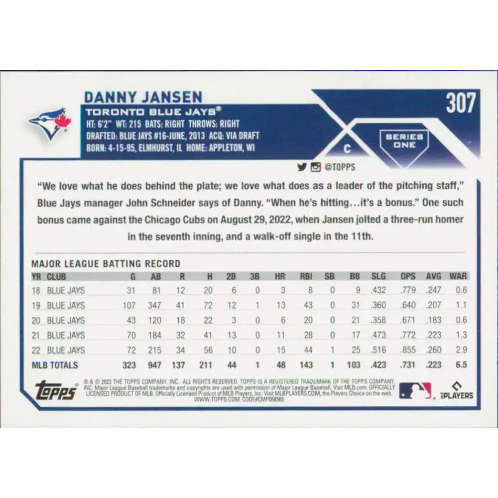 2023 Topps #307 Danny Jansen NM-MT Toronto Blue Jays Baseball Card - Baseball Card Single