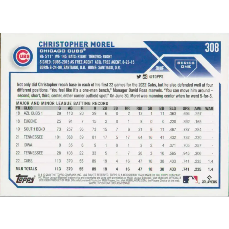 2023 Topps #308 Christopher Morel NM-MT RC Rookie Chicago Cubs Baseball Card - Baseball Card Single