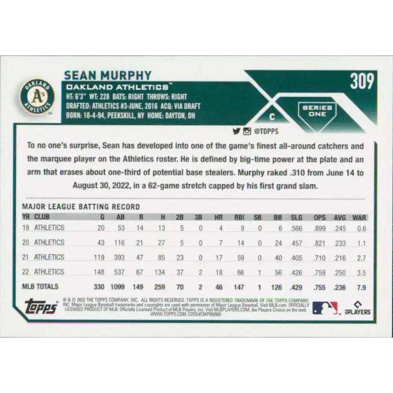 2023 Topps #309 Sean Murphy NM-MT Oakland Athletics Baseball Card - Baseball Card Single