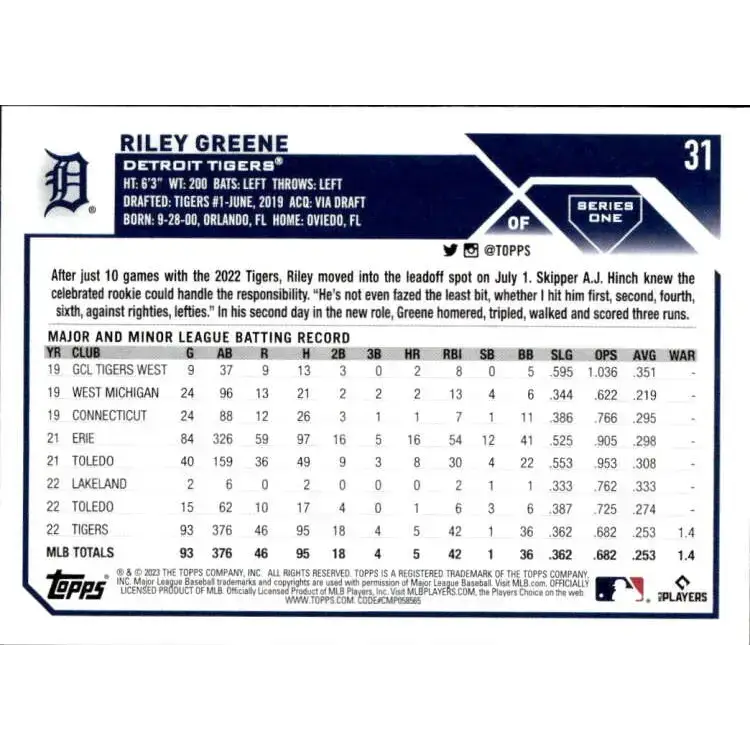 2023 Topps #31 Riley Greene NM-MT RC Rookie Detroit Tigers Baseball Card - Baseball Card Single