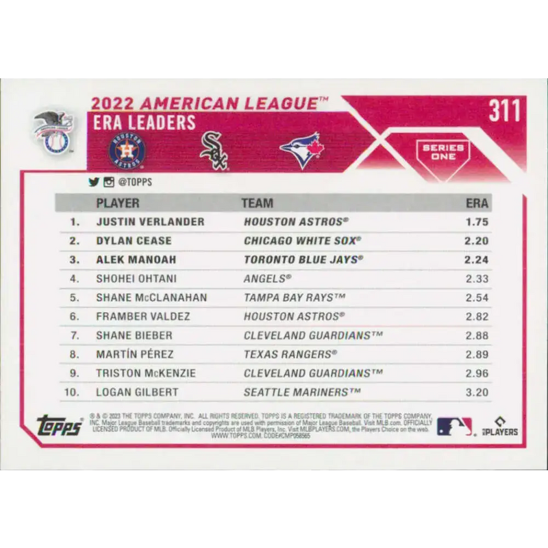 2023 Topps #311 Alek Manoah/Justin Verlander/Dylan Cease NM-MT Baseball Card - Baseball Card Single