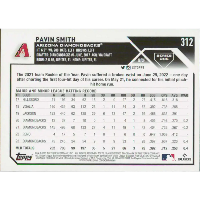 2023 Topps #312 Pavin Smith NM-MT Arizona Diamondbacks Baseball Card - Baseball Card Single