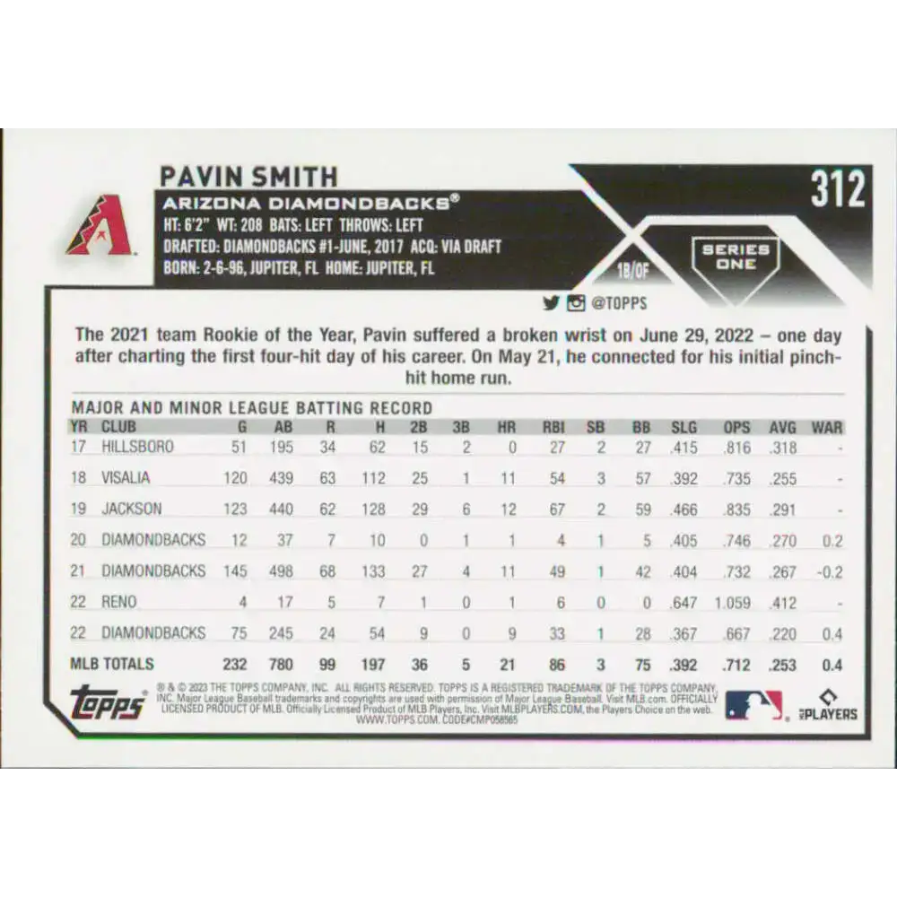 2023 Topps #312 Pavin Smith NM-MT Arizona Diamondbacks Baseball Card - Baseball Card Single