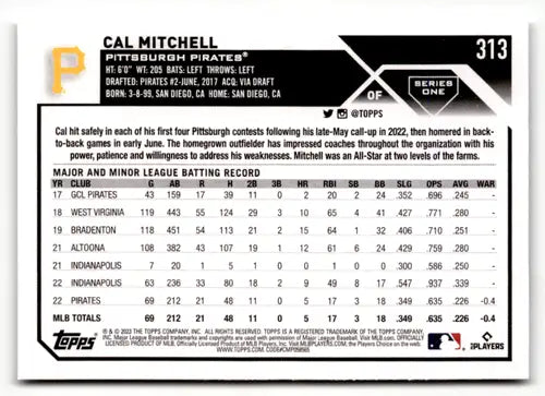 2023 Topps #313 Cal Mitchell NM-MT RC Rookie Pirates ID:49673 - Baseball Card Single