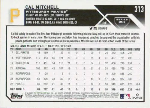2023 Topps #313 Cal Mitchell NM-MT RC Rookie Pirates ID:58005 - Baseball Card Single