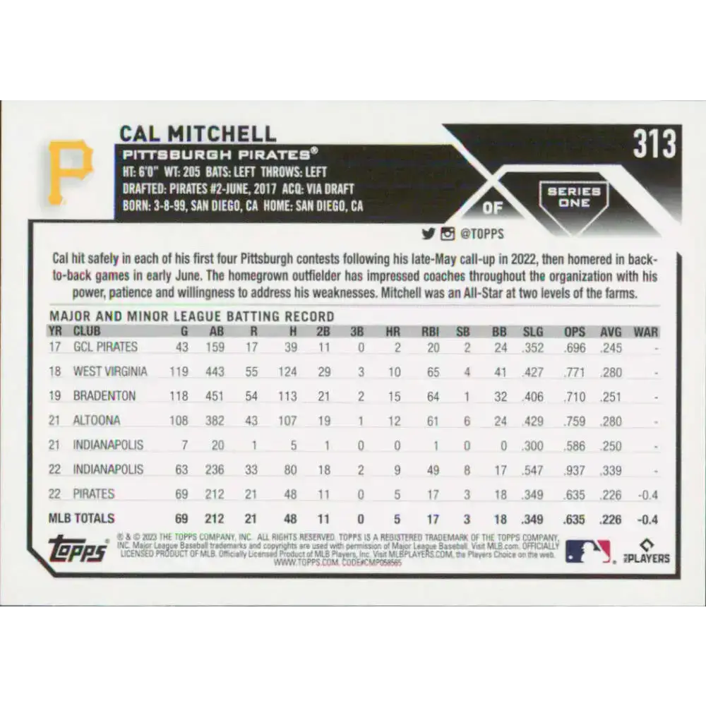 2023 Topps #313 Cal Mitchell NM-MT RC Rookie Pittsburgh Pirates Baseball Card - Baseball Card Single