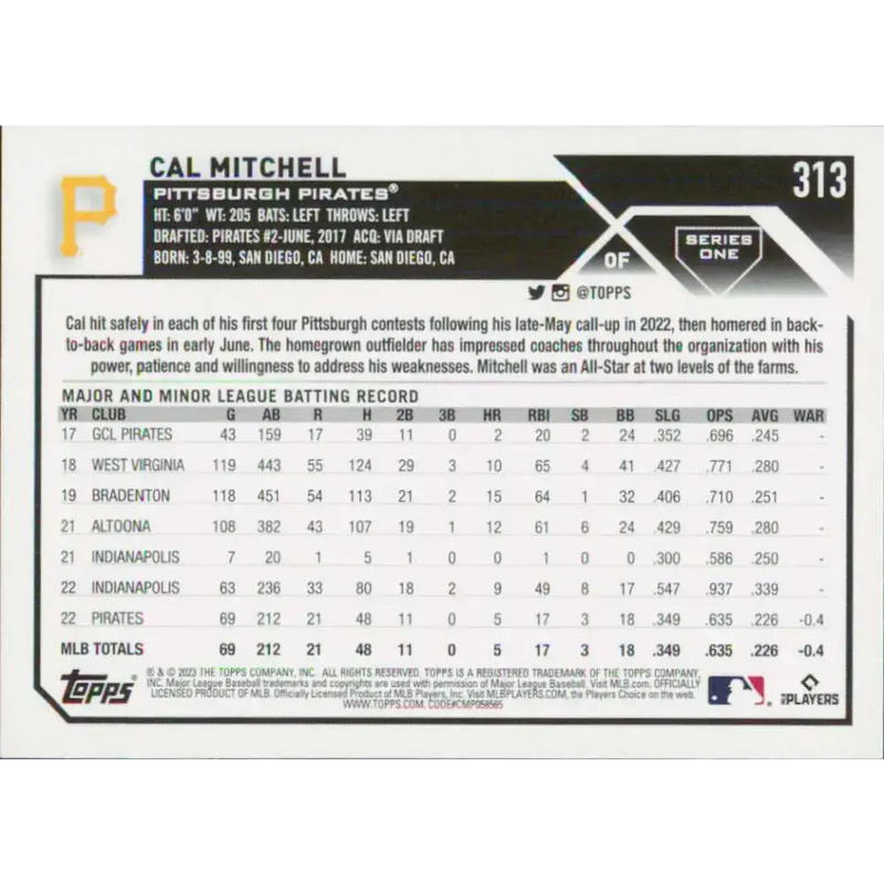 2023 Topps #313 Cal Mitchell NM-MT RC Rookie Pittsburgh Pirates Baseball Card - Baseball Card Single